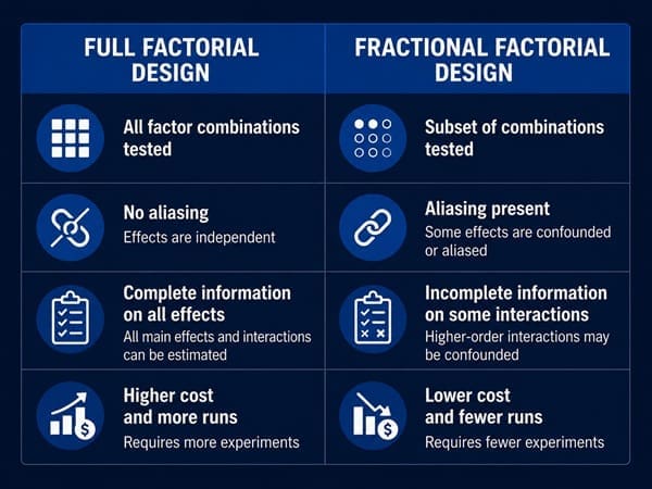 Side-by-side comparison of full factorial and fractional factorial