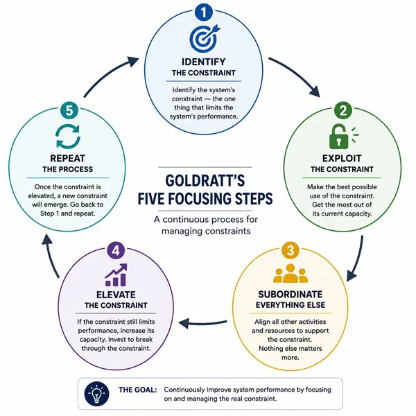 Circular diagram of Goldratt's five focusing steps for managing constraints