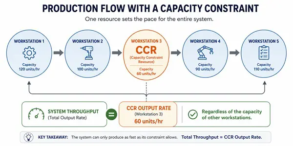 Comparison diagram showing the difference between a Capacity Constraint Resource (CCR) operating near its capacity limit and a bottleneck where demand already exceeds available capacity.