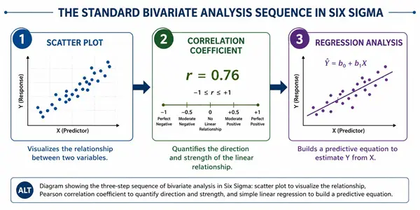 Diagram showing the three-step sequence of bivariate analysis in Six Sigma