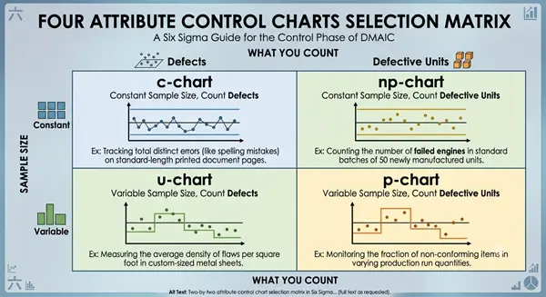 Two-by-two attribute control chart selection matrix in Six Sigma