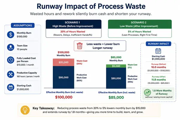 Chart illustrating how operational waste shortens a startup's cash runway over time.