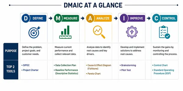 DMAIC five-phase reference card showing Define, Measure, Analyze, Improve, and Control