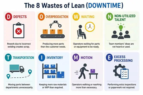 Eight wastes of Lean grid using the DOWNTIME acronym