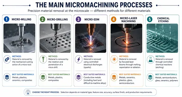 Five-panel diagram showing the main micromachining processes