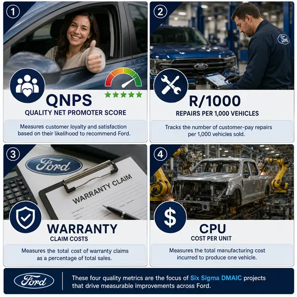 Four-panel grid showing Ford Motor Company's four primary quality metrics
