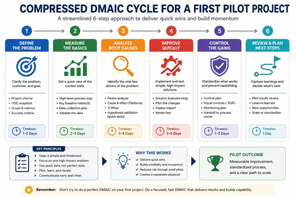 Six-step visual showing a compressed DMAIC cycle for a startup's first process improvement project.