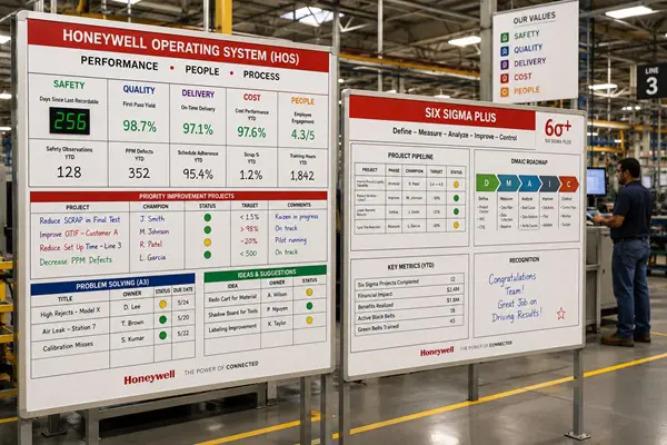 Visual management boards used in Honeywell's Six Sigma Plus and HOS deployment