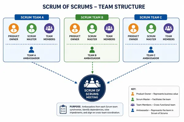 Three individual Scrum teams each sending one ambassador representative to a central Scrum of Scrums coordination meeting
